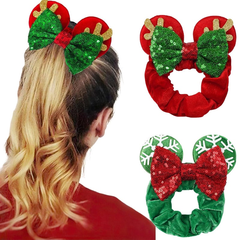 CellElection 2 Pack Mouse Ears Christmas Scrunchies Sequin Mouse Bows Velvet Hair Scrunchies Hair Ties Elastic Rubber Bands Ponytail Holders for Kids Women Girls Christmas - Image 1